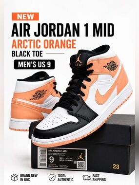 Nike Air Jordan 1 Mid Arctic Orange Black Toe Men’s US 9 BNIB 554724-133